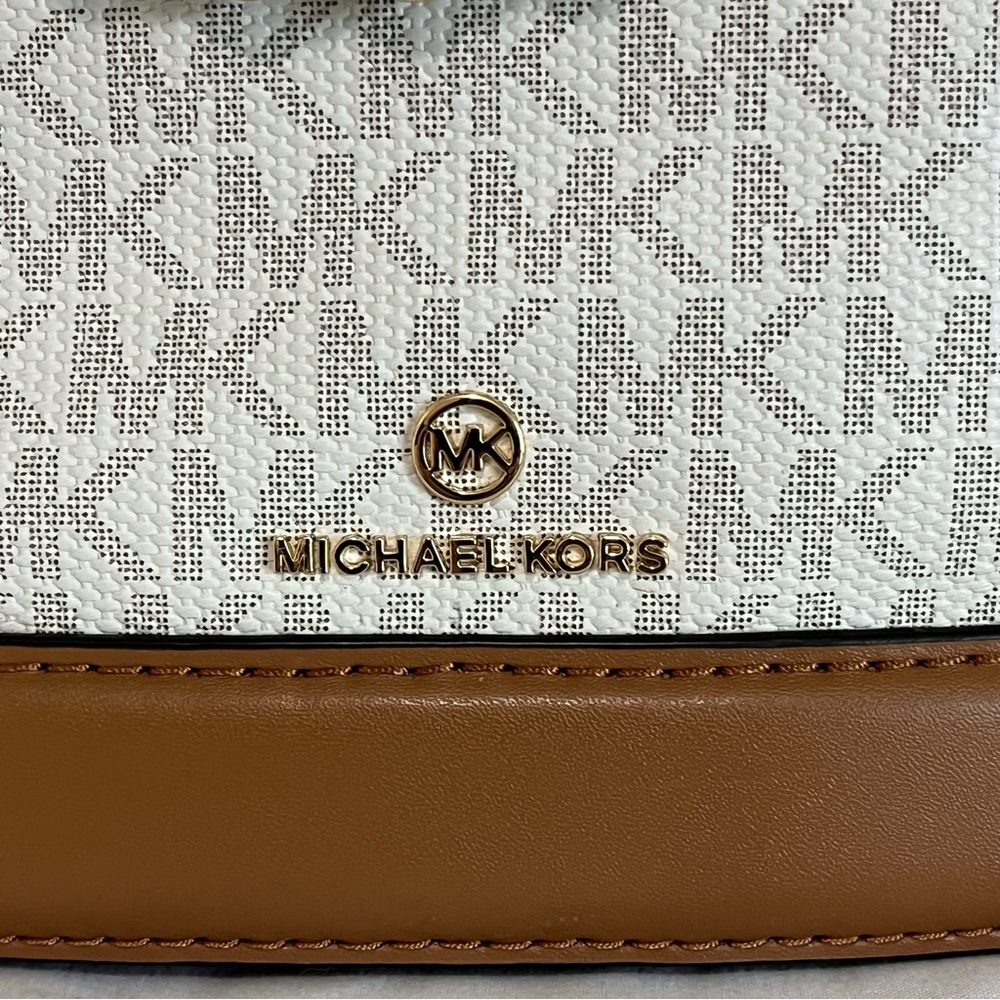 Michael Kors Reese Large Logo Gold Chain Shoulder Bag Cream With Tan Leather - Picture 4 of 16